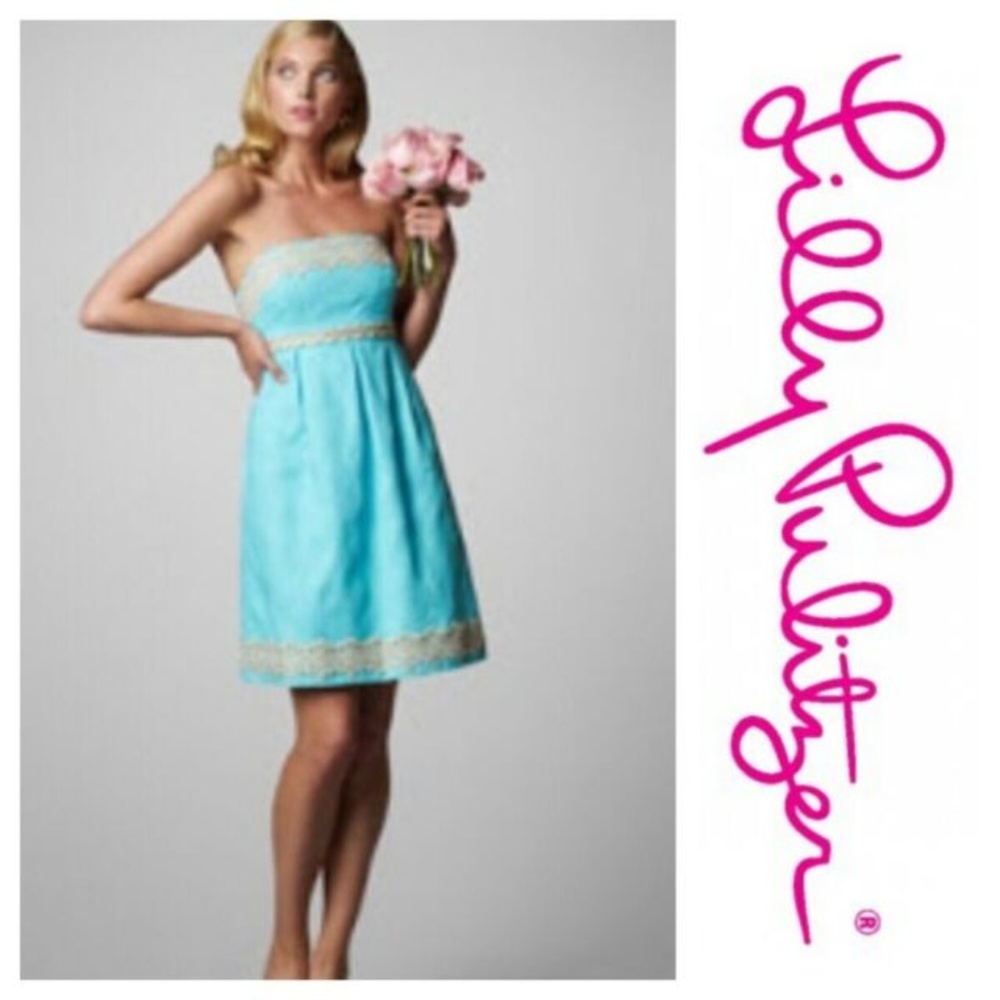 Lilly Pulitzer Aqua Gold Strapless Betsey Dress 14